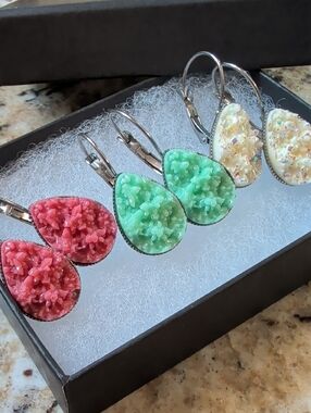 Druzy Style Teardrop Leverback Earrings - Pink, Green, Cream